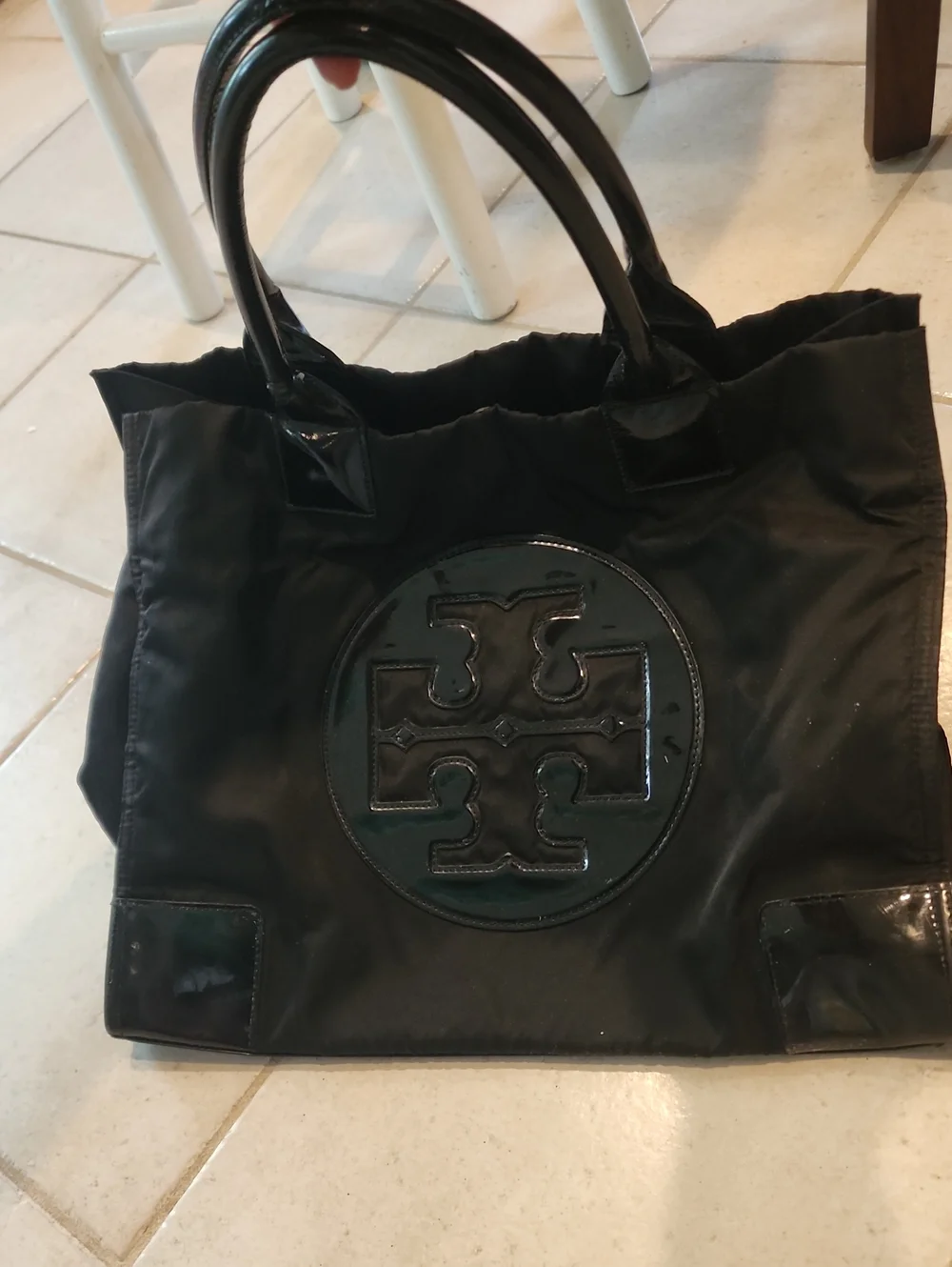 Tory Burch Black Patent-Trim Logo Tote